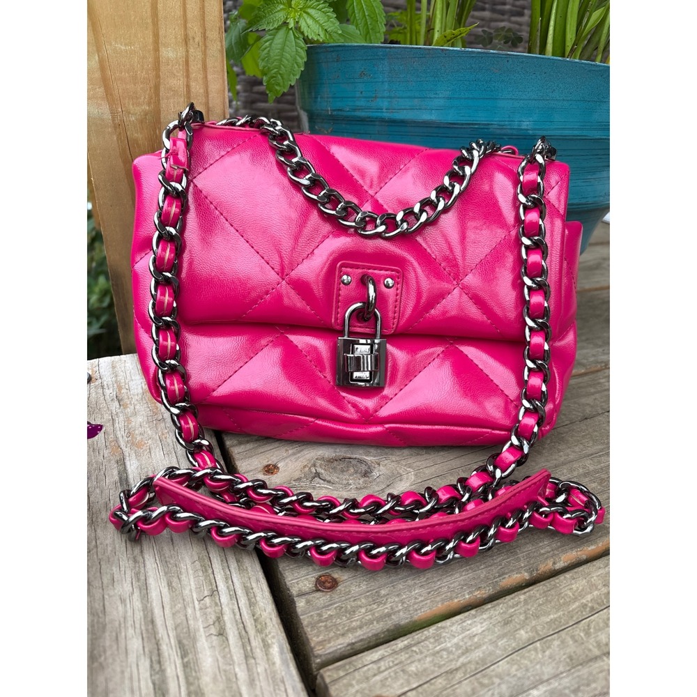 Hot Pink Quilted Crossbody Bag Silver Chain Lock Detail NB213140 Small Shoulder